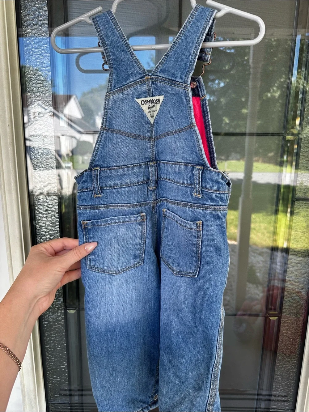 OshKosh B'gosh Blue Denim Overalls with Bright Pink fleece Lining 18M